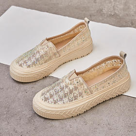 新款百搭，蕾丝网水钻渔夫鞋浅口女单鞋一脚蹬小白鞋ML-7908