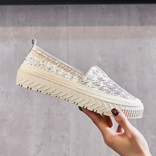 新款百搭，蕾丝网水钻渔夫鞋浅口女单鞋一脚蹬小白鞋ML-7908 商品图2