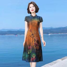 OLG-18J548 香云纱真丝连衣裙夏季女装短袖小个子旗袍刺绣桑蚕丝宽松裙子夏天
