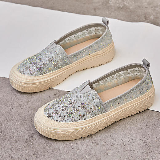 新款百搭，蕾丝网水钻渔夫鞋浅口女单鞋一脚蹬小白鞋ML-7908 商品图1