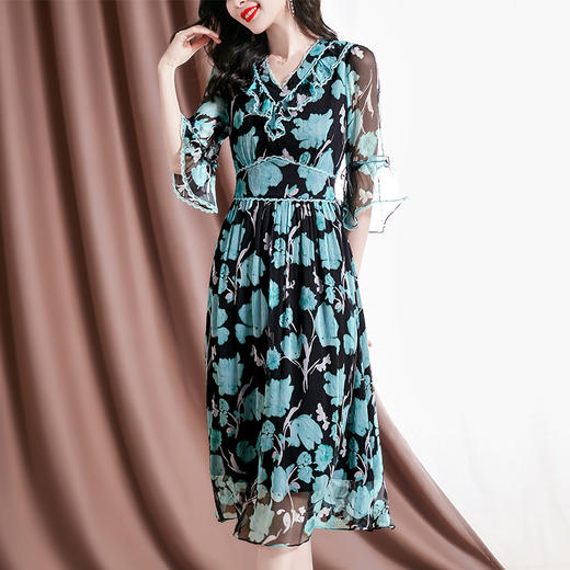 优雅修身，新款100%桑蚕丝印花镂空短袖连衣裙SM-82297913 商品图1