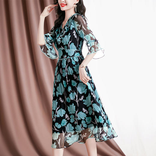 优雅修身，新款100%桑蚕丝印花镂空短袖连衣裙SM-82297913 商品图2