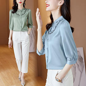 YHSS-20742 时尚七分袖刺绣纯色气质简约百搭仿桑蚕丝上衣