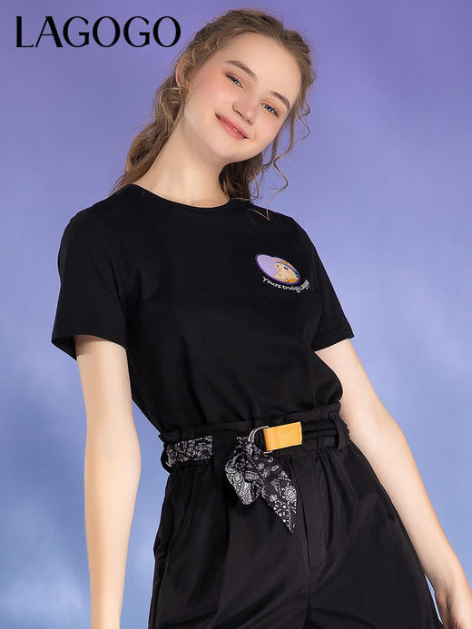  Lagogo拉谷谷2022夏季新款卡通印花圆领黑色T恤LATT313A09 商品图1