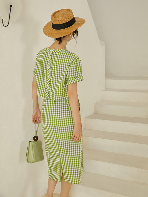 HeyDress法式田园短袖上衣女夏季圆领格纹设计感纯棉小个子衬衫 商品图4