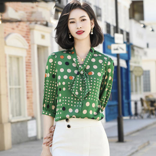 新款中袖时尚洋气波点衬衣气质通勤显瘦绿色休闲质感职业装女衬衫 MGG-HYN-2117 商品图0