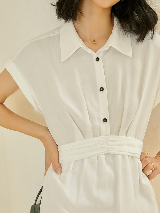 HeyDress衬衫连衣裙女夏季POLO领收腰褶皱设计感无袖中长款裙子 商品图2