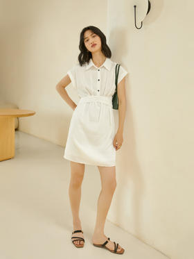 HeyDress衬衫连衣裙女夏季POLO领收腰褶皱设计感无袖中长款裙子