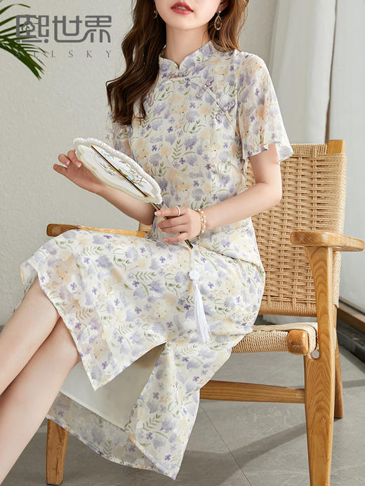 【年中特卖】改良旗袍式连衣裙女夏新款国风立领荷叶袖提花雪纺裙 商品图0