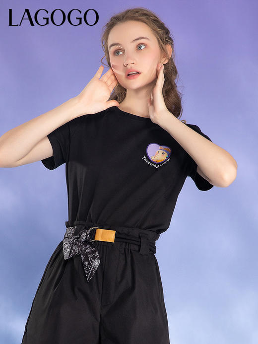  Lagogo拉谷谷2022夏季新款卡通印花圆领黑色T恤LATT313A09 商品图0