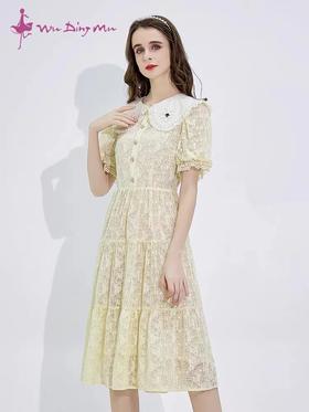 五丁目夏娃娃领简约蕾丝拼接连衣裙