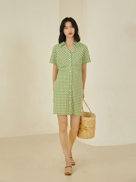 HeyDress法式田园连衣裙女夏季高腰抽褶设计感格纹气质纯棉短裙子 商品图2