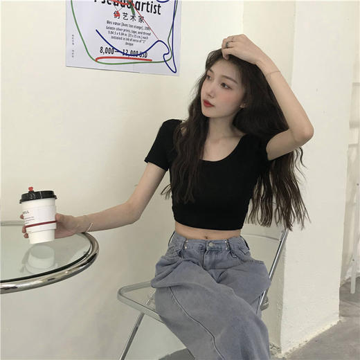 【紧身、性感、露腰T恤】黛唯梵纯棉短款上衣修身短袖，美背舞蹈上衣U领，网红辣妹简约女学生t恤女潮热卖 商品图2
