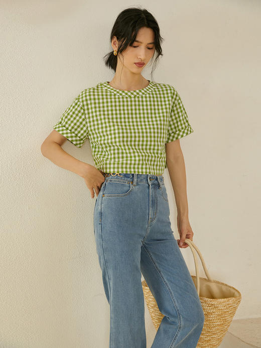 HeyDress法式田园短袖上衣女夏季圆领格纹设计感纯棉小个子衬衫 商品图3