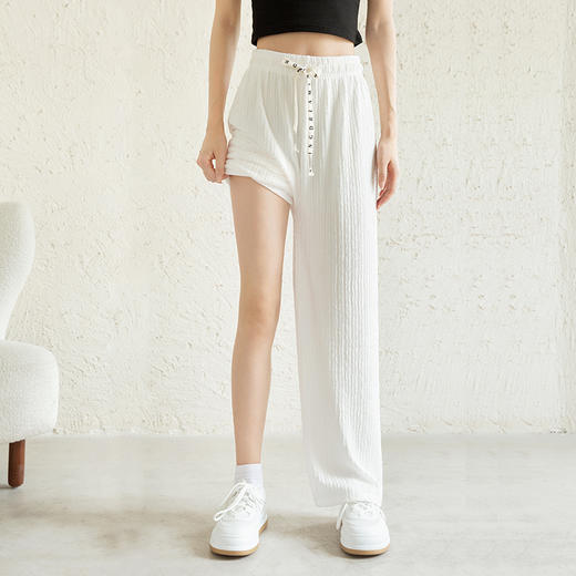 【夏日穿搭】水波纹清凉阔腿裤 抽绳松紧高腰阔腿 百搭款式 透气面料颜值在线 商品图0