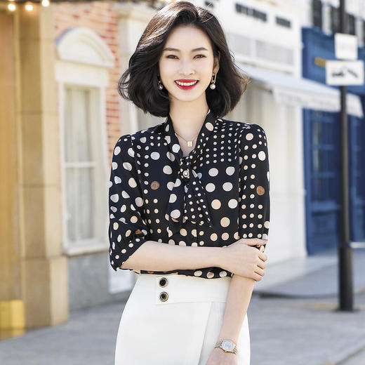 新款中袖时尚洋气波点衬衣气质通勤显瘦绿色休闲质感职业装女衬衫 MGG-HYN-2117 商品图3