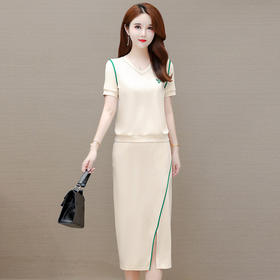 WE-HSY-X22A079 小香风两件套装连衣裙女2022夏新款修身气质时尚短袖T恤半身裙子