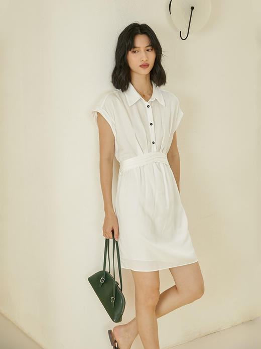 HeyDress衬衫连衣裙女夏季POLO领收腰褶皱设计感无袖中长款裙子 商品图4