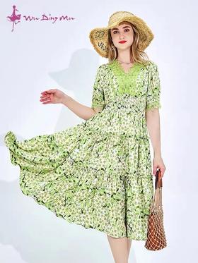 五丁目夏V领淑女蛋糕印花连衣裙