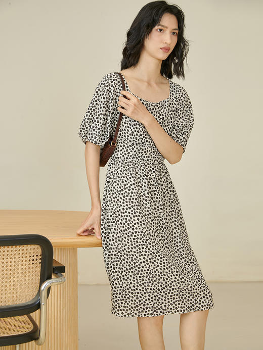 HeyDress法式复古方领碎花连衣裙女夏季高腰泡泡袖优雅气质裙子 商品图0