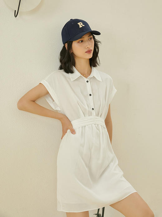 HeyDress衬衫连衣裙女夏季POLO领收腰褶皱设计感无袖中长款裙子 商品图1
