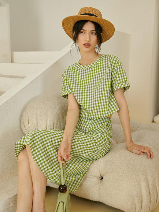 HeyDress法式田园短袖上衣女夏季圆领格纹设计感纯棉小个子衬衫 商品图0