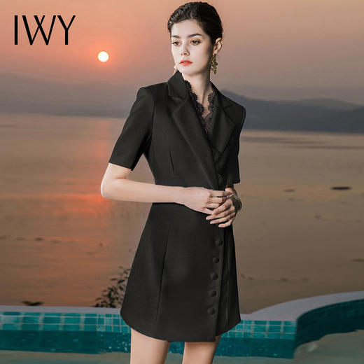 IWY/黑色职业西装连衣裙蕾丝边端庄得体服饰短袖夏季办公室气质OL 22XQ0026 商品图2
