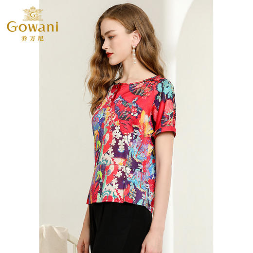 乔万尼真丝上衣女夏复古旗袍式红装中国风印花桑蚕丝衬衫EN2C519 商品图2