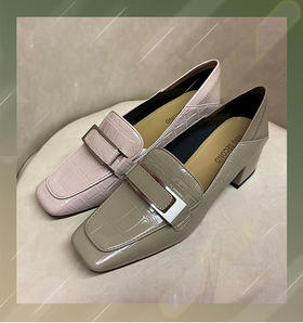 IUIU SECOND 2022春新款气质方头粗跟乐福鞋石头纹胎牛皮单鞋17951