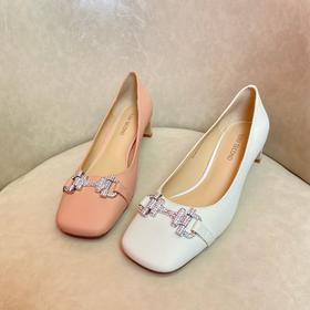 IUIU SECOND2022春新款方头浅口水钻扣高跟鞋女粗跟小众气质中跟