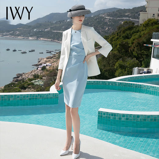 IWY/时尚西装连衣裙两件套女总裁职业装正装套裙夏季蓝色无袖名媛C955+Q620-L 商品图2