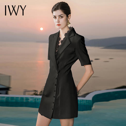 IWY/黑色职业西装连衣裙蕾丝边端庄得体服饰短袖夏季办公室气质OL 22XQ0026 商品图3