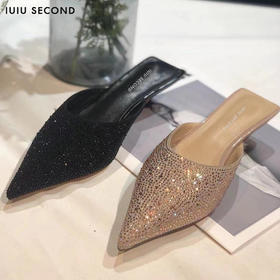 IUIU SECOND夏季尖头中跟凉鞋水钻凉拖鞋U21AH16141