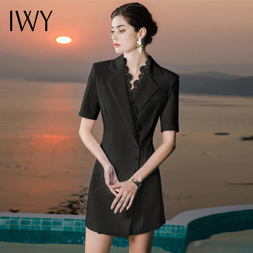 IWY/黑色职业西装连衣裙蕾丝边端庄得体服饰短袖夏季办公室气质OL 22XQ0026 商品图1