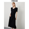 VIMAGE/纬漫纪夏季新款复古u领垫肩泡泡袖抽褶显瘦黑色连衣裙VB2207908 商品缩略图3