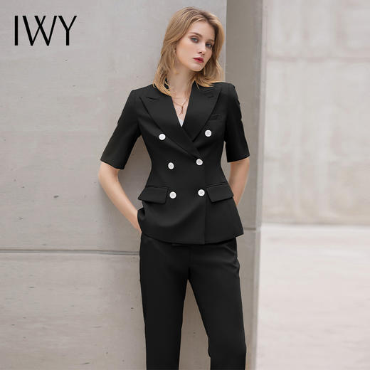 IWY/黑色双排扣西装套装夏短袖时尚商务房地产销售工作服修身面试正装C11231+P10409 商品图0