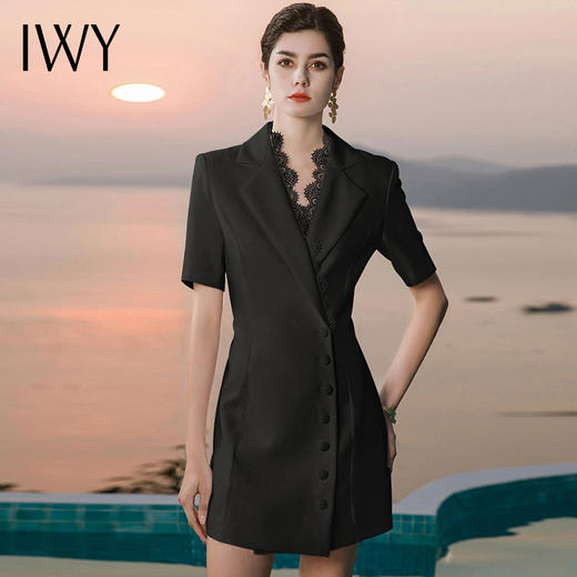 IWY/黑色职业西装连衣裙蕾丝边端庄得体服饰短袖夏季办公室气质OL 22XQ0026 商品图0