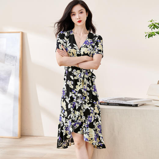 米思阳2024夏季新款知性优雅V领荷叶边裙时尚印花短袖连衣裙2081 商品图2