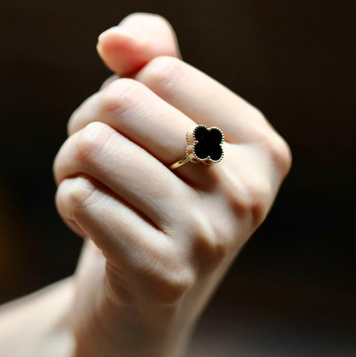 高冰种厚庄墨翠四叶草戒指18k黄金镶嵌 商品图11