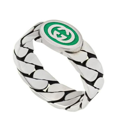 【包税】GUCCI/古驰 22春夏新款 银色925纯银马衔索链结构饰绿色珐琅互扣式双G交织戒指701612J84108414 商品图1