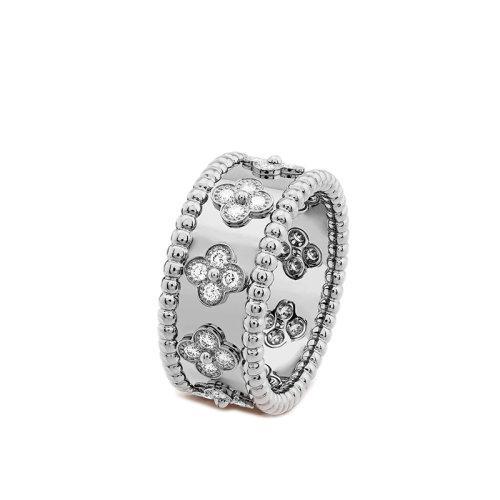 【包税】Van Cleef & Arpels/梵克雅宝 21新款Perlée trèfles系列 小号款18K金白金三叶草图案镶嵌28颗钻石戒指指环VCARO9ND00 商品图0