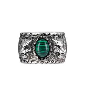 【包税】GUCCI/古驰 22春夏新款 绿色花纹孔雀石虎头刻花纯银花园戒指461991083494401