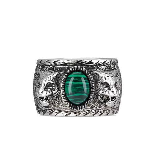 【包税】GUCCI/古驰 22春夏新款 绿色花纹孔雀石虎头刻花纯银花园戒指461991083494401 商品图0