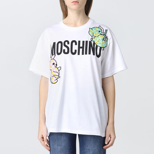 MOSCHINO 莫斯奇诺 女士棉质字母大象图案印花圆领短袖T恤 白色 0711 0441 3001 商品图0