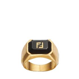 【包税】FENDI/芬迪 2021秋冬新款 FF系列 男士复古金色饰面金属黑色宝石FF图案戒指 7AJ527F1NF1F0V