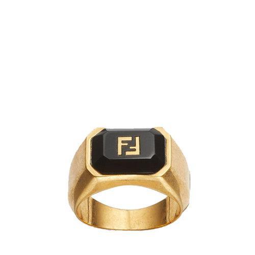 【包税】FENDI/芬迪 2021秋冬新款 FF系列 男士复古金色饰面金属黑色宝石FF图案戒指 7AJ527F1NF1F0V 商品图0