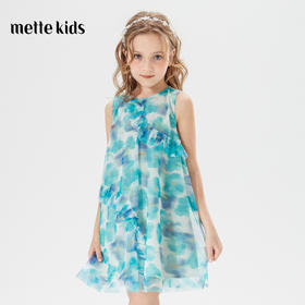 mettekids女童连衣裙夏中大童水彩花网纱洋气时髦公主裙儿童裙子