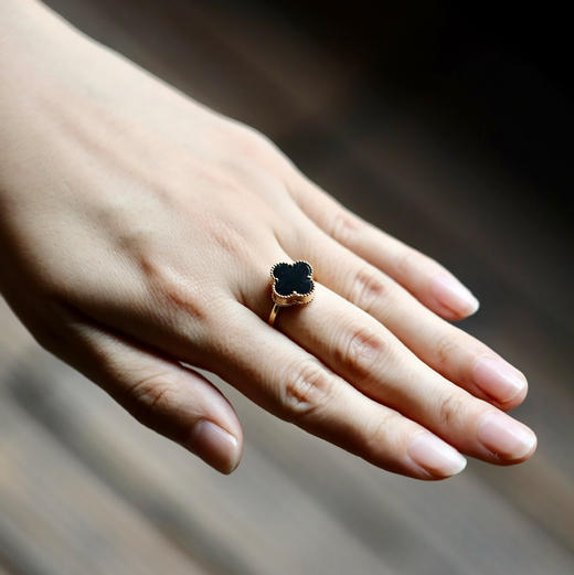 高冰种厚庄墨翠四叶草戒指18k黄金镶嵌 商品图9