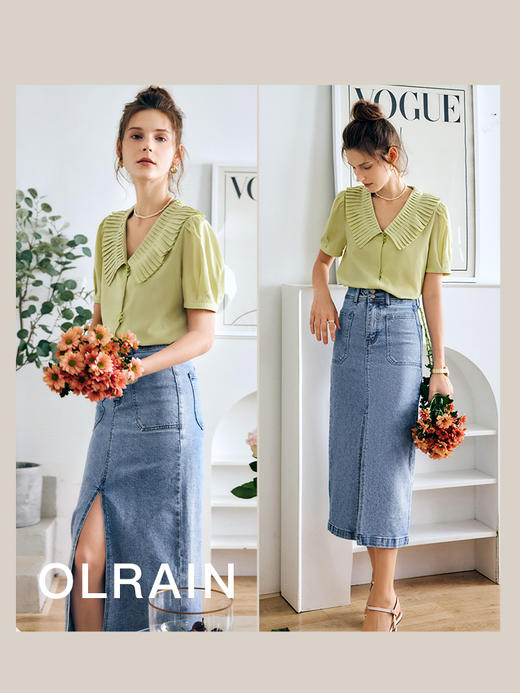 OLrain法式高级穿搭蕾丝雪纺衫女夏季2022年新款宽松时尚压褶衬衣 商品图1