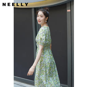 NEELLY纳俪商场同款气质V领泡泡袖连衣裙女韩版扭结设计显瘦A字裙